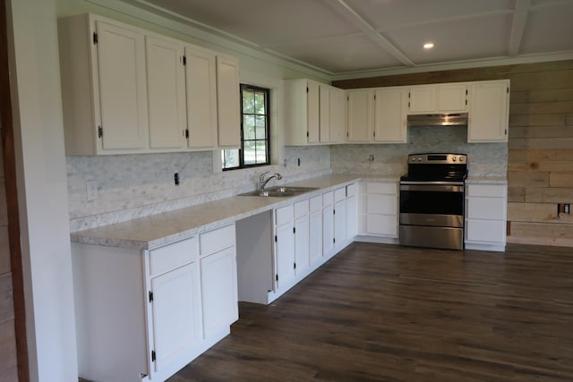 kitchen with white cabinetry, stainless steel electric range oven, sink, dark hardwood / wood-style floors, and wooden walls