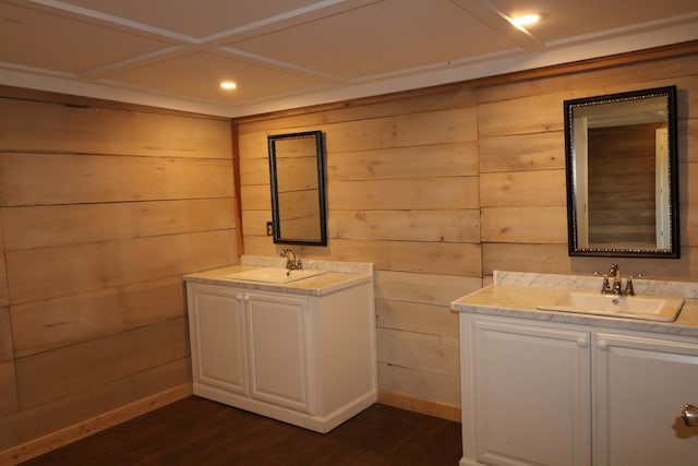 bathroom with vanity, hardwood / wood-style flooring, wooden walls, and coffered ceiling