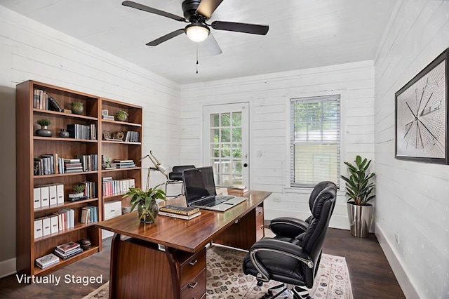 213 Lee Ln, Lufkin, TX 75904 - office with wooden walls, dark wood-type flooring, and ceiling fan