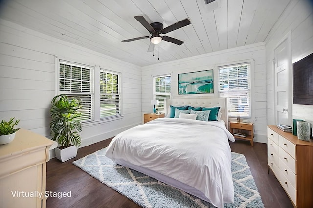 213 Lee Ln, Lufkin, TX 75904 - bedroom featuring dark wood finished floors, wood ceiling, wooden walls, and a ceiling fan