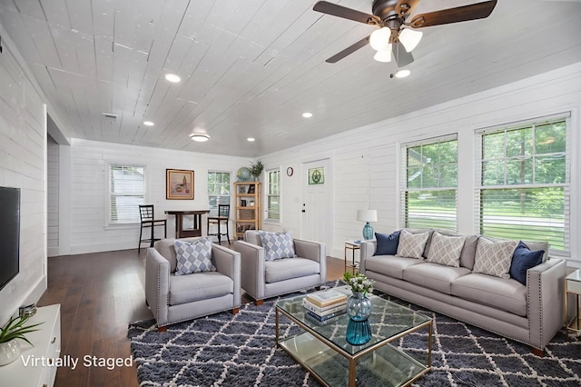 213 Lee Ln, Lufkin, TX 75904 - living area with hardwood / wood-style floors, wood ceiling, wooden walls, recessed lighting, and ceiling fan
