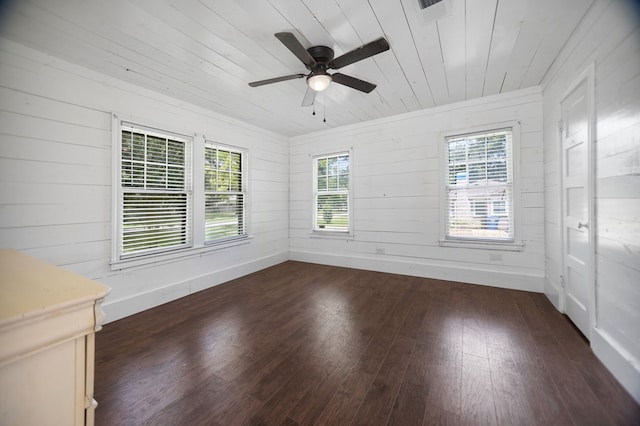 213 Lee Ln, Lufkin, TX 75904 - empty room with wood ceiling, dark wood finished floors, ceiling fan, and wood walls