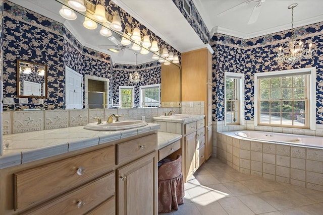 445 Riverbend Dr, Hemphill, TX 75948 - bathroom with crown molding, a sink, a ceiling fan, tile patterned flooring, and wallpapered walls