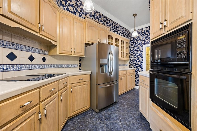 445 Riverbend Dr, Hemphill, TX 75948 - kitchen featuring glass insert cabinets, black appliances, tile counters, and light brown cabinetry