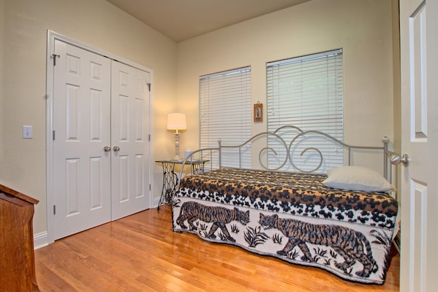 bedroom featuring hardwood / wood-style flooring and a closet