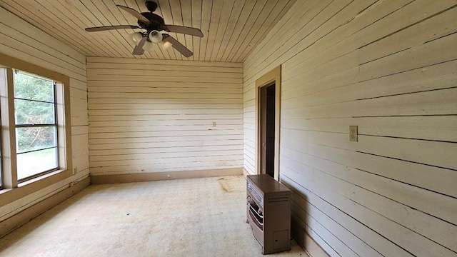 spare room featuring wooden walls, ceiling fan, and wood ceiling