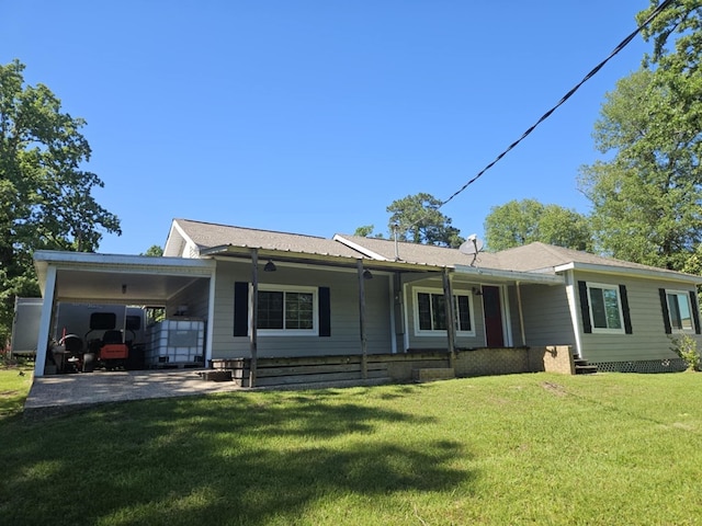 ranch-style house with a front yard and an attached carport