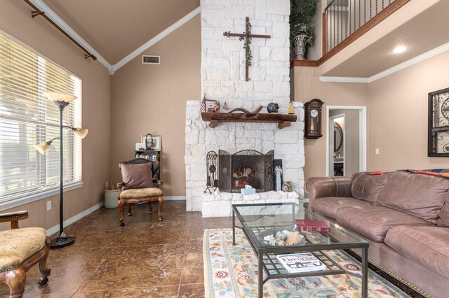 474 Mountain View Rd, Lufkin, TX 74904 - living area with ornamental molding, lofted ceiling, baseboards, and a fireplace