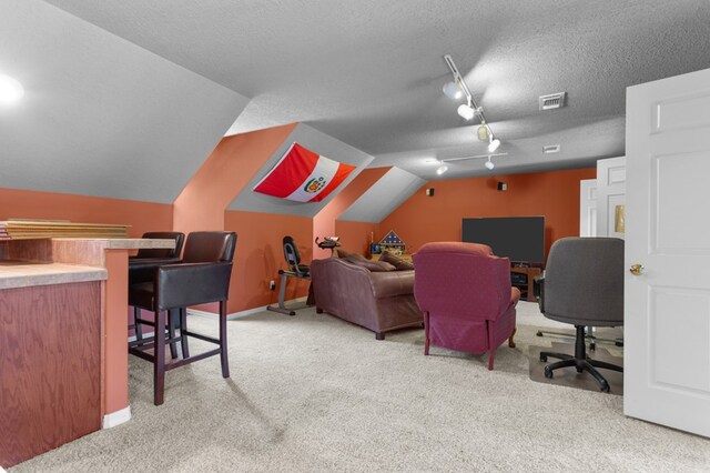 474 Mountain View Rd, Lufkin, TX 74904 - carpeted office space with vaulted ceiling, track lighting, and a textured ceiling
