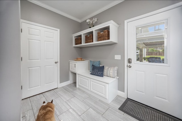 mudroom featuring crown molding and baseboards