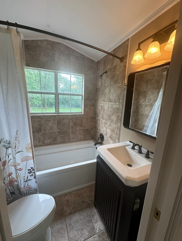 bathroom with crown molding, vanity, lofted ceiling, toilet, and shower / tub combo