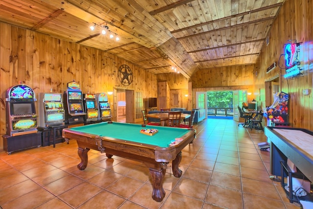 590 Angela Ln, Hemphill, TX 75948 - recreation room with wooden walls, pool table, tile patterned floors, wooden ceiling, and track lighting