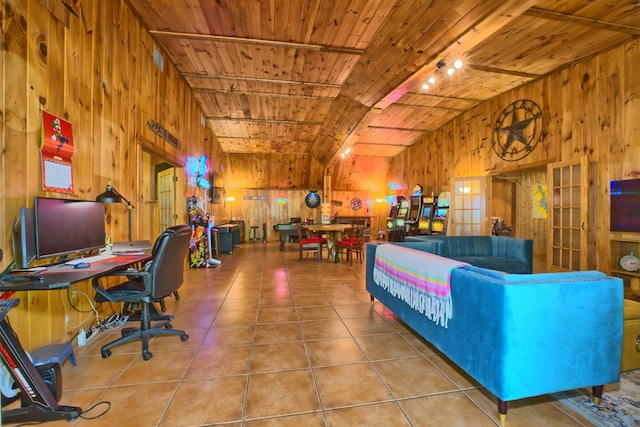 590 Angela Ln, Hemphill, TX 75948 - home office featuring wood walls, wood ceiling, and tile patterned floors