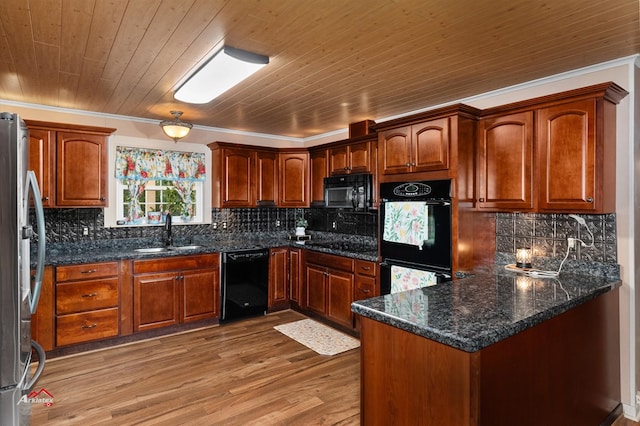 kitchen with sink, wooden ceiling, crown molding, black appliances, and hardwood / wood-style flooring