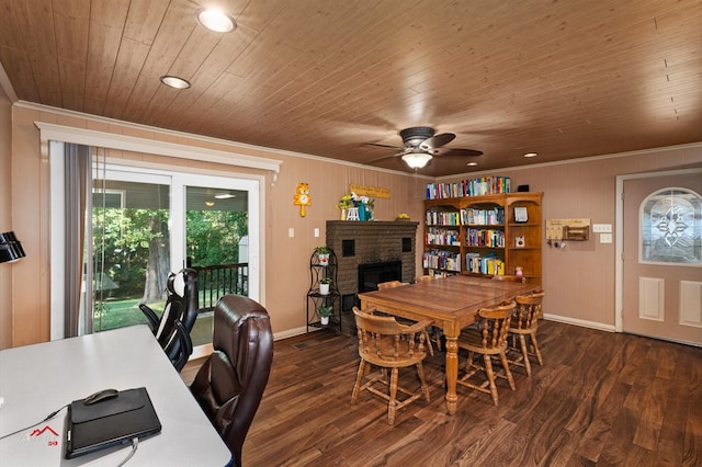 dining room featuring ceiling fan, wood ceiling, dark wood-type flooring, and ornamental molding