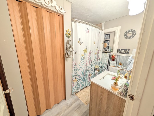 663 Mount Carmel Rd, Lufkin, TX 75904 - bathroom featuring wood finished floors, vanity, and a shower with curtain