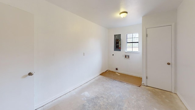 laundry area with electric panel, washer hookup, a textured ceiling, and hookup for an electric dryer