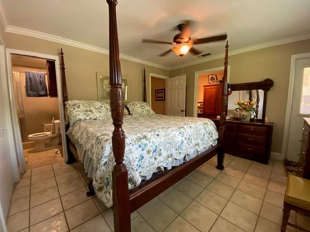 498 Mount Carmel Rd, Hudson, TX 75904 - bedroom with light tile patterned floors, ornamental molding, ceiling fan, and ensuite bath