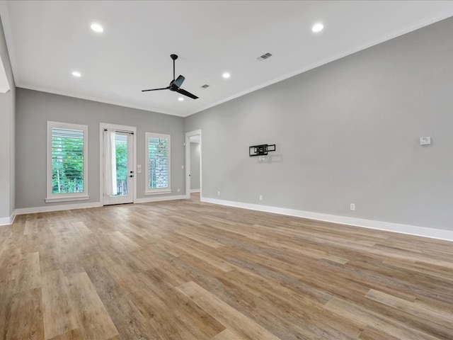 829 Village Gate Cir, Nacogdoches, TX 75961 - empty room featuring ceiling fan, baseboards, ornamental molding, light wood-style floors, and recessed lighting