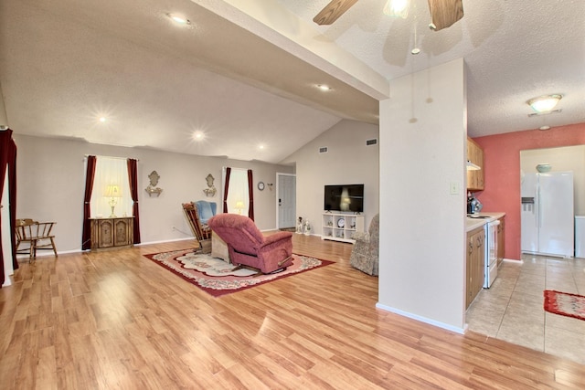 living room featuring a textured ceiling, light hardwood / wood-style flooring, and vaulted ceiling