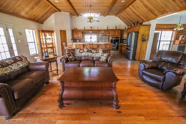 living room with high vaulted ceiling, beam ceiling, ceiling fan, wooden ceiling, and light wood-type flooring