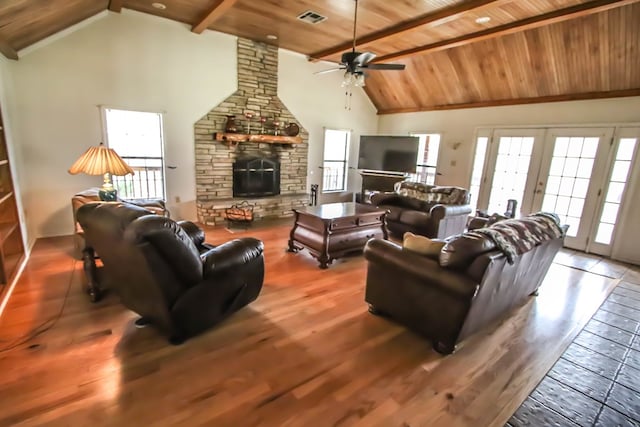 living room featuring a fireplace, wood finished floors, wood ceiling, and visible vents