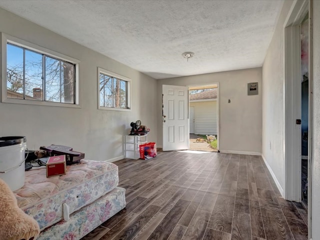 entryway with a textured ceiling, baseboards, and dark wood-style flooring