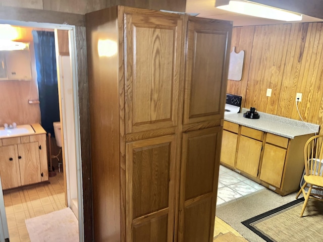 kitchen featuring wood walls and sink