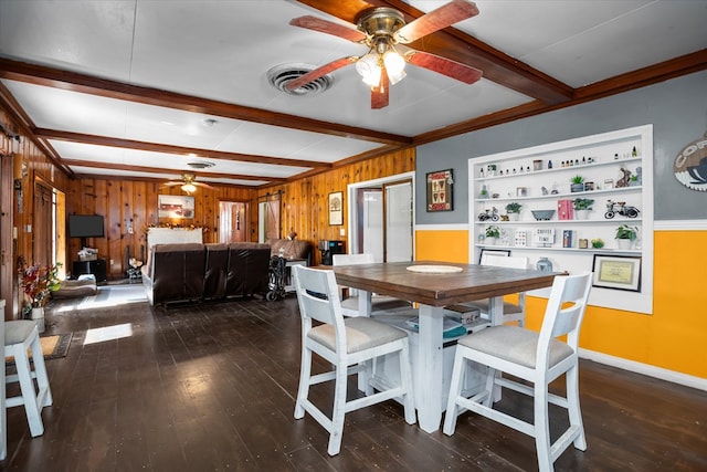 505 S Home St, Corrigan, TX 75939 - dining room with a ceiling fan, beamed ceiling, wooden walls, and hardwood / wood-style floors