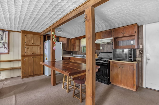 211 Winfree Dr, Hemphill, TX 75948 - kitchen featuring carpet flooring, light countertops, brown cabinets, under cabinet range hood, and black appliances