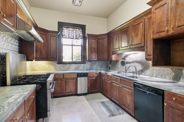 250 Main St, Jasper, TX 75951 - kitchen featuring black dishwasher, exhaust hood, light flooring, decorative backsplash, and gas stove