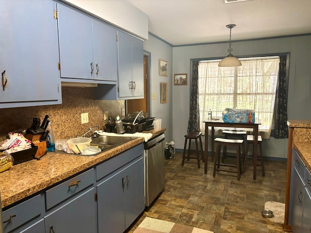 kitchen featuring gray cabinetry, sink, tasteful backsplash, stainless steel dishwasher, and pendant lighting