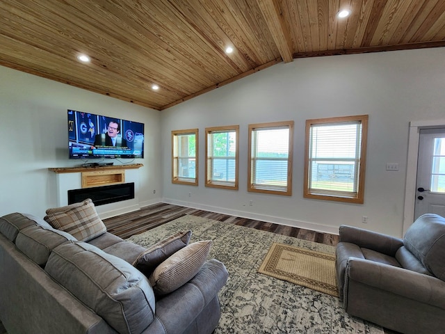 living area with wood finished floors, recessed lighting, vaulted ceiling with beams, and wooden ceiling