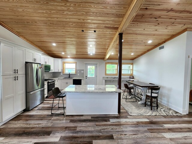 kitchen featuring a sink, stainless steel appliances, a center island, wood ceiling, and white cabinets