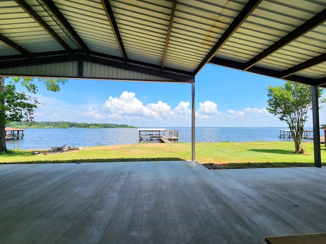 view of patio featuring a water view