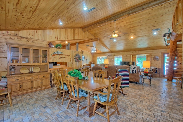 dining area featuring wooden walls, vaulted ceiling, ceiling fan, and wooden ceiling