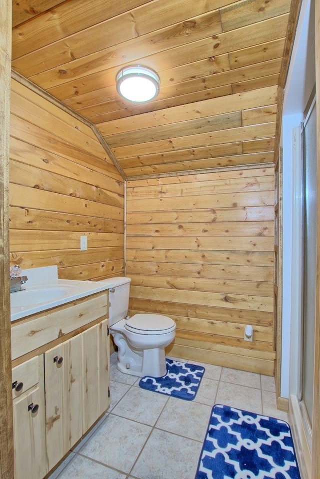 bathroom featuring vaulted ceiling, tile patterned floors, wooden ceiling, and wood walls