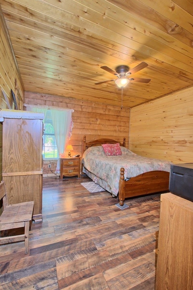 bedroom with wood ceiling, ceiling fan, wooden walls, and dark wood-type flooring