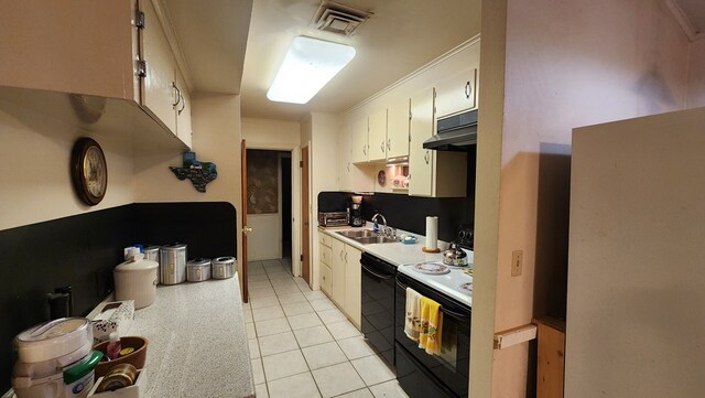 kitchen with white cabinetry, sink, light tile patterned flooring, black appliances, and ornamental molding