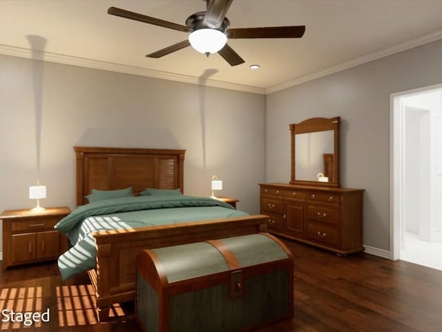 12 Columbia Ct, Lufkin, TX 75901 - bedroom with dark wood-style floors, crown molding, baseboards, recessed lighting, and ceiling fan