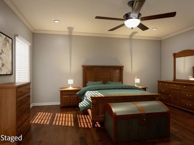 12 Columbia Ct, Lufkin, TX 75901 - bedroom with dark wood finished floors, crown molding, baseboards, recessed lighting, and a ceiling fan