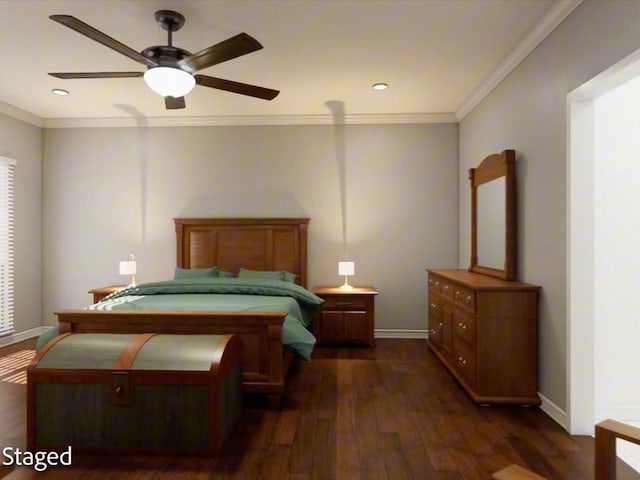 12 Columbia Ct, Lufkin, TX 75901 - bedroom with dark wood-style flooring, baseboards, ornamental molding, recessed lighting, and ceiling fan