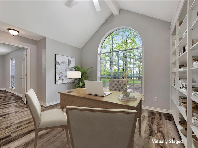 office featuring lofted ceiling with beams, baseboards, wood finished floors, and ceiling fan