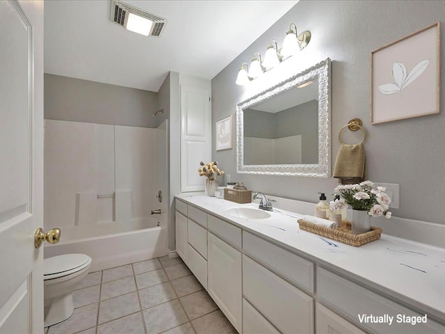 full bathroom featuring visible vents, toilet, bathing tub / shower combination, tile patterned floors, and vanity