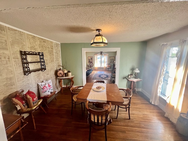 dining room with wood-type flooring and a textured ceiling