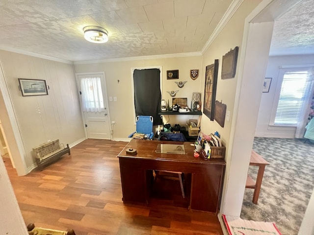 office featuring hardwood / wood-style floors and ornamental molding