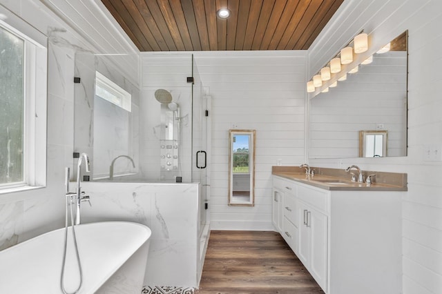 bathroom with hardwood / wood-style flooring, separate shower and tub, wooden walls, and wood ceiling