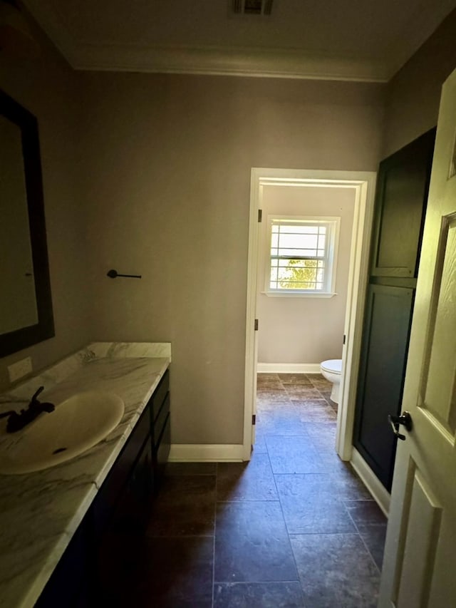 2505 County Road 4420, Spurger, TX 77660 - bathroom featuring ornamental molding, toilet, baseboards, and vanity