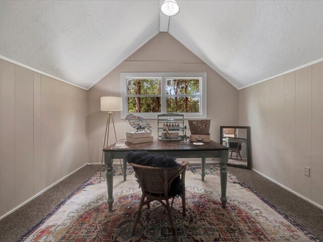 office area with a textured ceiling, carpet, and lofted ceiling