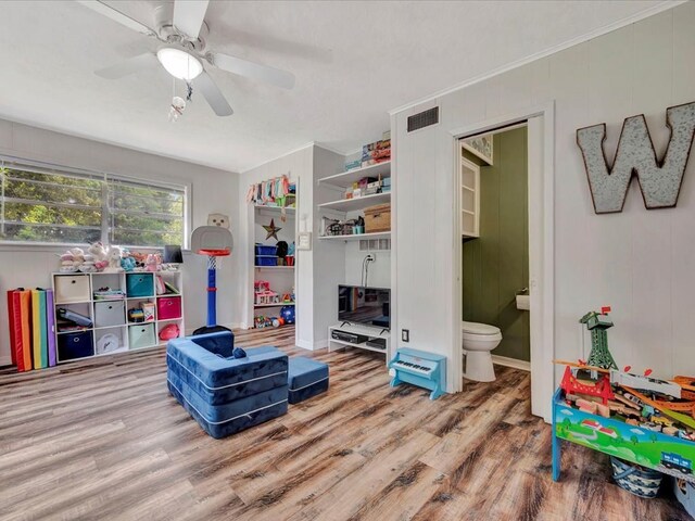 game room featuring ceiling fan and wood-type flooring